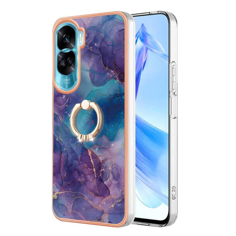 For Honor 90 Lite 5G Electroplating Marble Dual-side IMD Phone Case with Ring(Green 017)