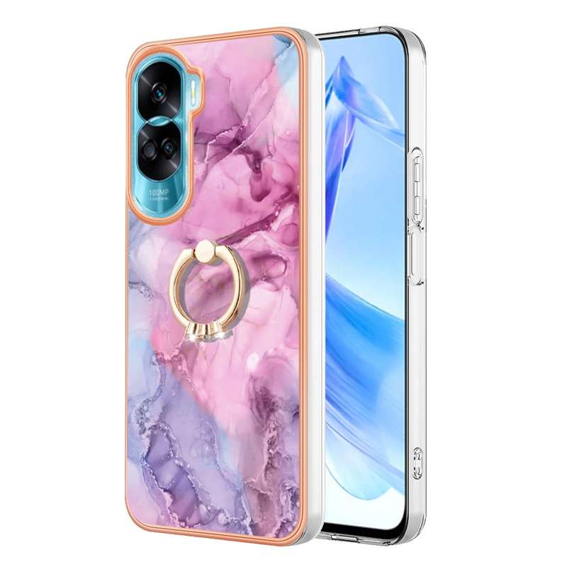 For Honor 90 Lite 5G Electroplating Marble Dual-side IMD Phone Case with Ring(Green 017)