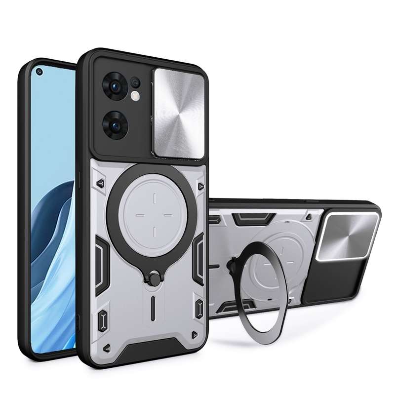For OPPO Reno7 5G CD Texture Sliding Camshield Magnetic Holder Phone Case(Black)