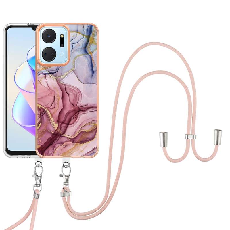 For Honor X7a Electroplating Marble Dual-side IMD Phone Case with Lanyard(Green 017)