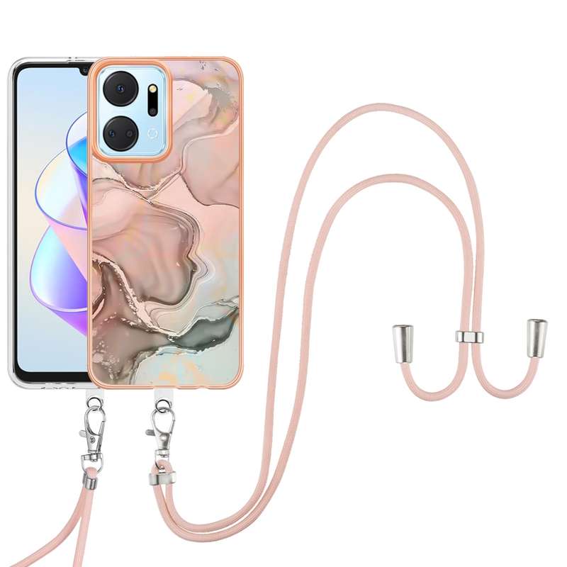 For Honor X7a Electroplating Marble Dual-side IMD Phone Case with Lanyard(Green 017)