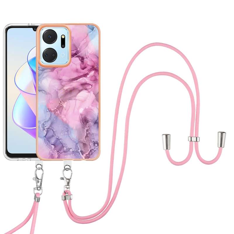 For Honor X7a Electroplating Marble Dual-side IMD Phone Case with Lanyard(Green 017)