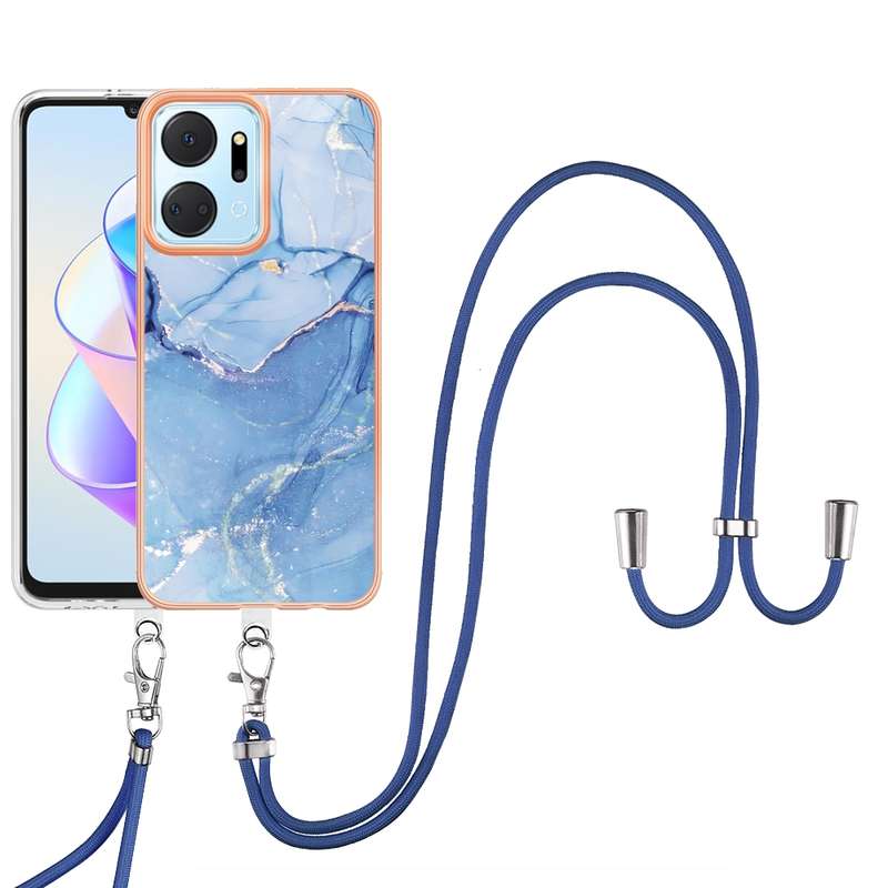 For Honor X7a Electroplating Marble Dual-side IMD Phone Case with Lanyard(Green 017)