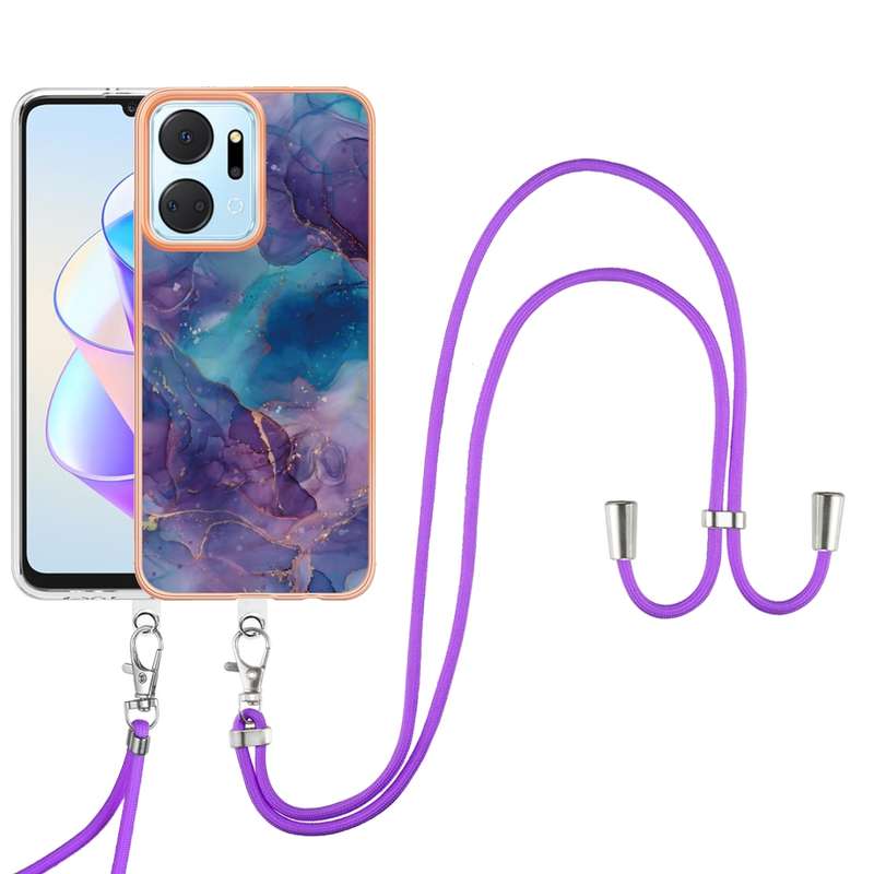 For Honor X7a Electroplating Marble Dual-side IMD Phone Case with Lanyard(Green 017)