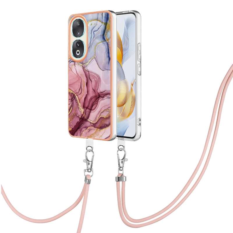 For Honor 90 5G Electroplating Marble Dual-side IMD Phone Case with Lanyard(Rose Gold 015)