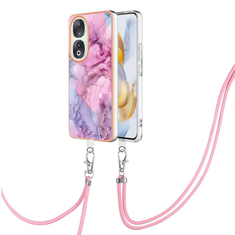 For Honor X7a Electroplating Marble Dual-side IMD Phone Case with Lanyard(Green 017)