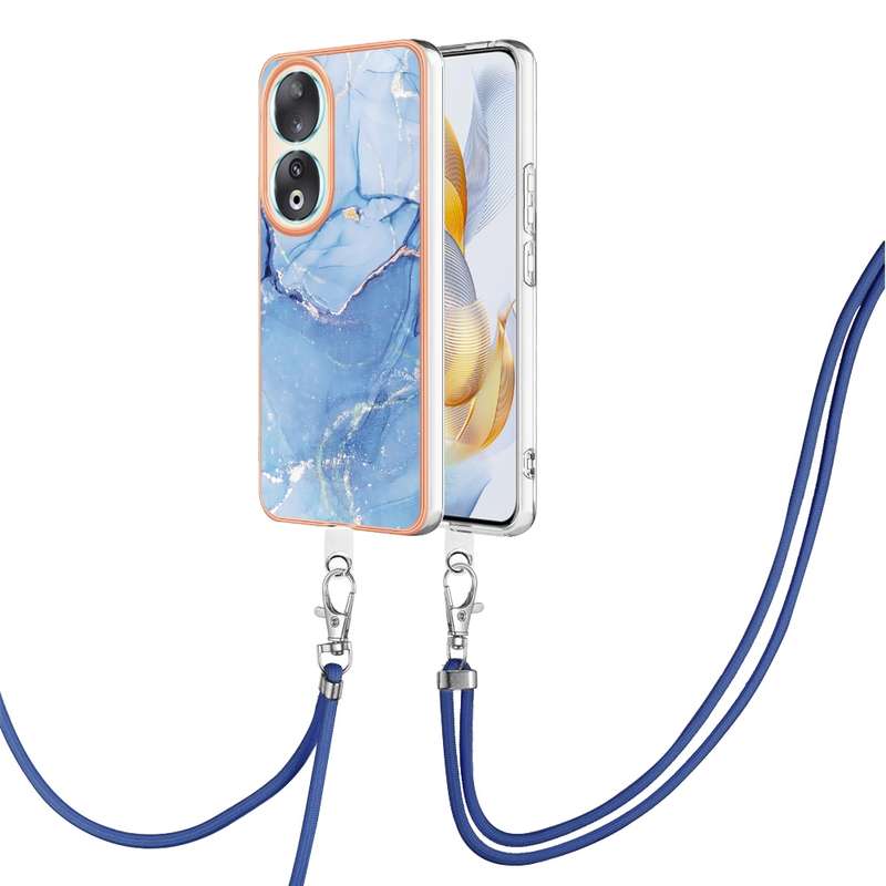 For Honor X7a Electroplating Marble Dual-side IMD Phone Case with Lanyard(Green 017)