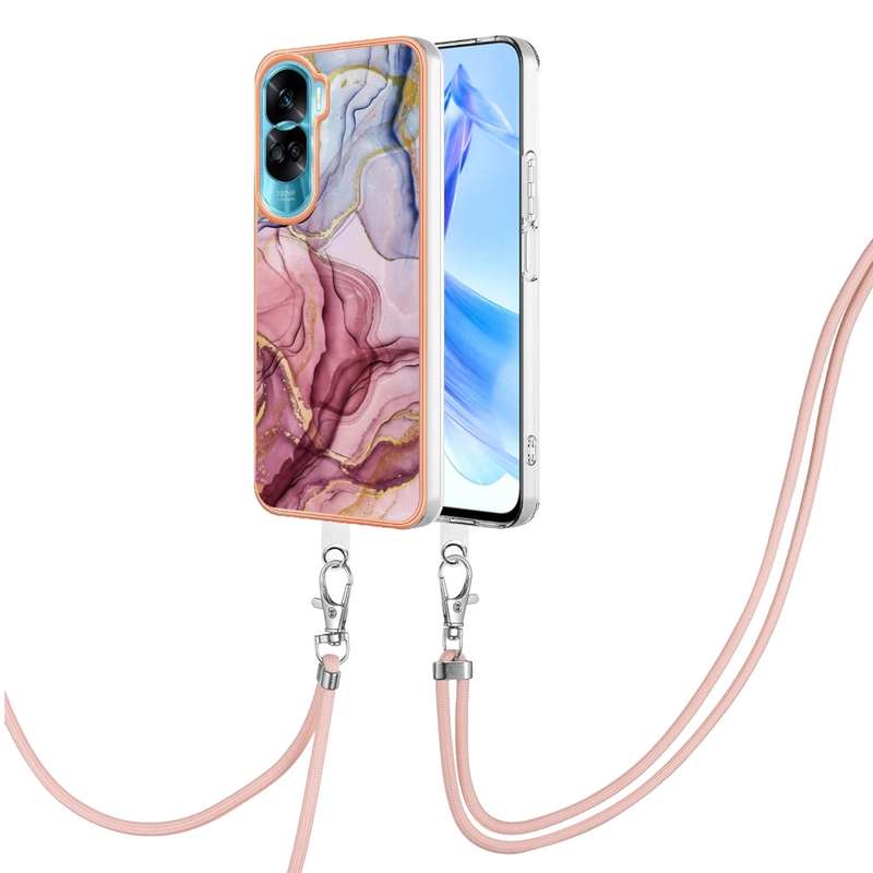 For Honor 90 Lite 5G Electroplating Marble Dual-side IMD Phone Case with Lanyard(Pink 013)