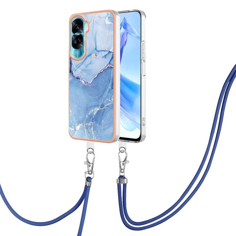 For Honor 90 Lite 5G Electroplating Marble Dual-side IMD Phone Case with Lanyard(Pink 013)