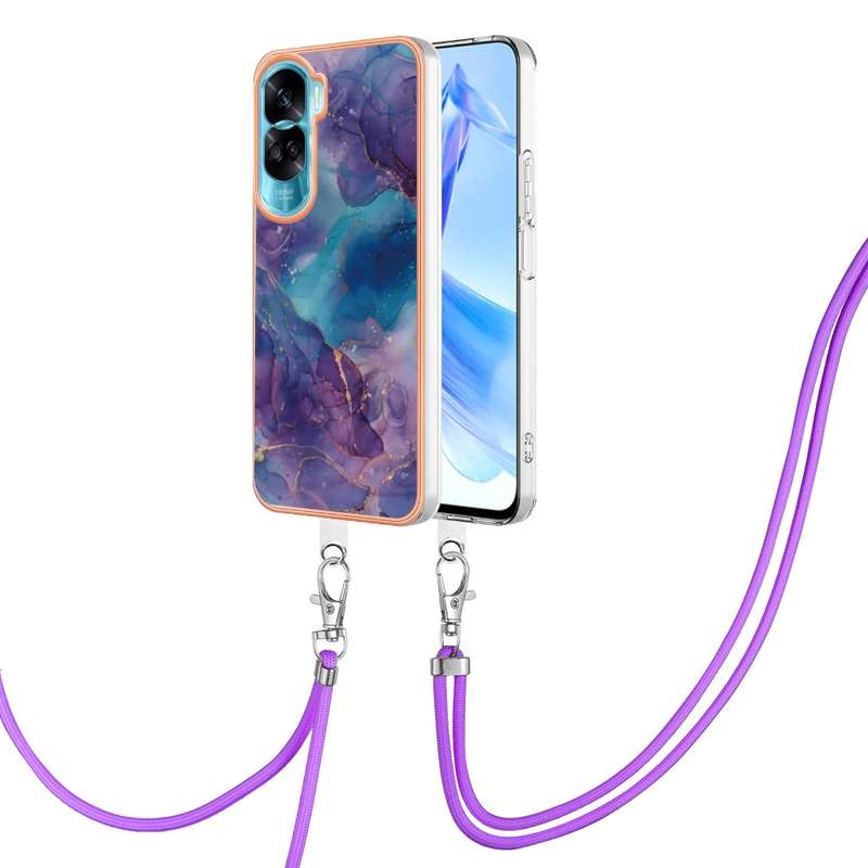 For Honor 90 Lite 5G Electroplating Marble Dual-side IMD Phone Case with Lanyard(Pink 013)