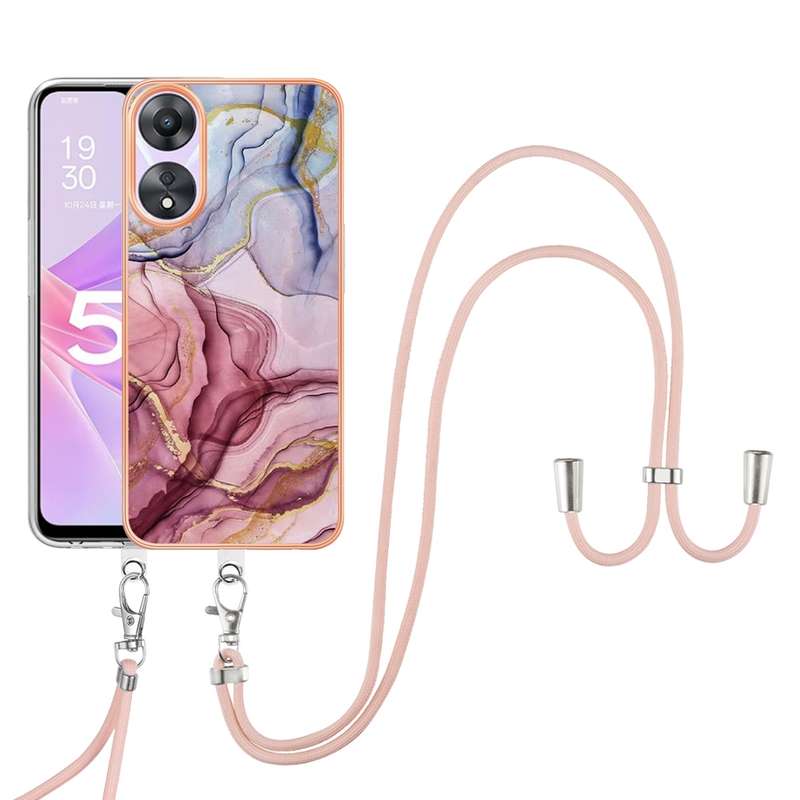 For OPPO A78 / A58 Electroplating Marble Dual-side IMD Phone Case with Lanyard(Pink 013)