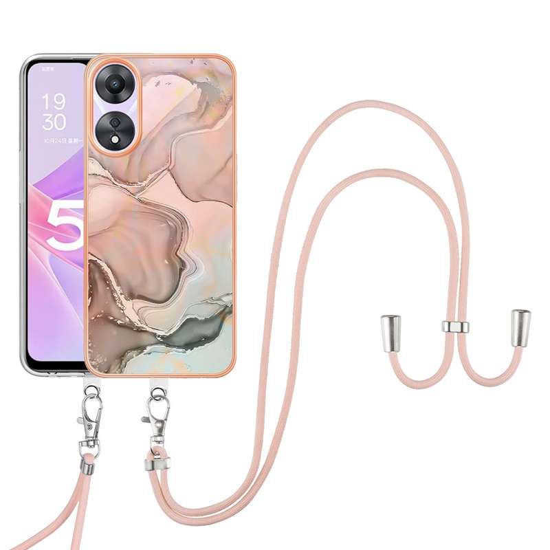 For OPPO A78 / A58 Electroplating Marble Dual-side IMD Phone Case with Lanyard(Pink 013)