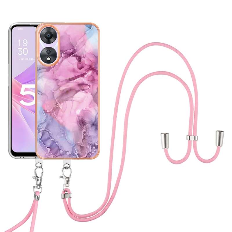 For OPPO A78 / A58 Electroplating Marble Dual-side IMD Phone Case with Lanyard(Pink 013)
