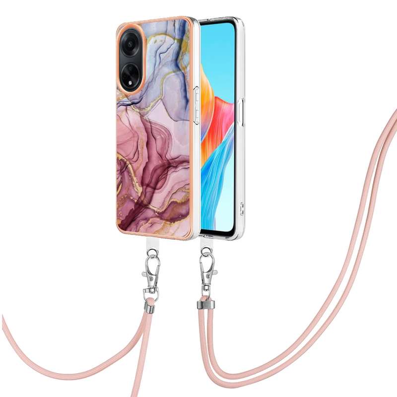 For OPPO A98 Electroplating Marble Dual-side IMD Phone Case with Lanyard(Pink 013)