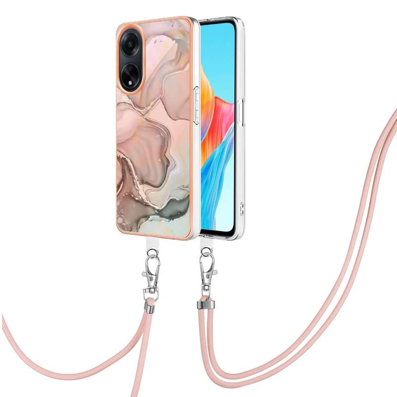 For OPPO A98 Electroplating Marble Dual-side IMD Phone Case with Lanyard(Pink 013)