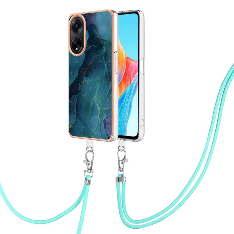 For OPPO A98 Electroplating Marble Dual-side IMD Phone Case with Lanyard(Pink 013)