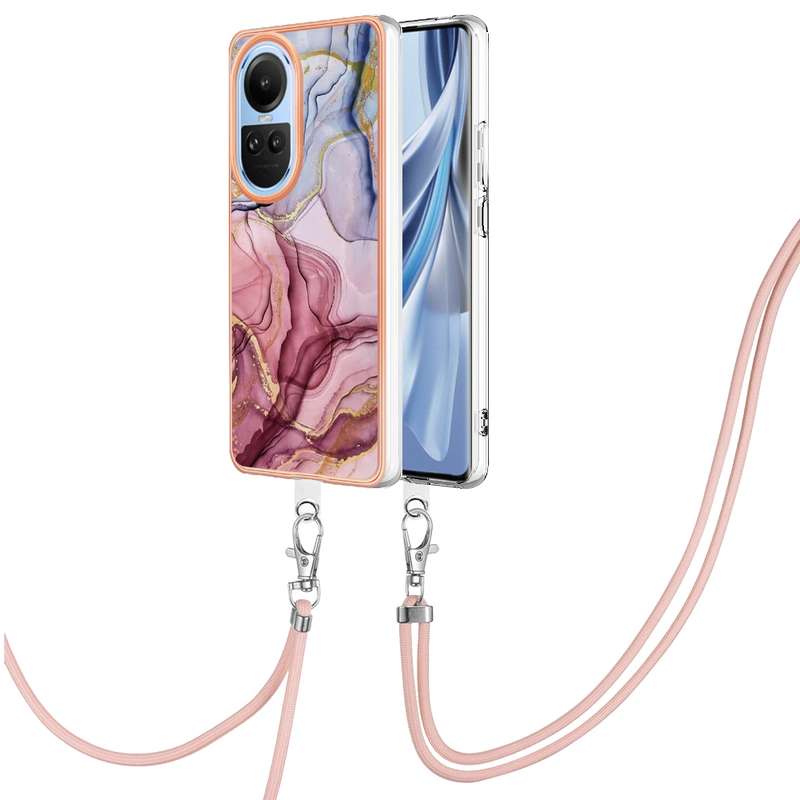 For OPPO Reno10 5G Global Electroplating Marble Dual-side IMD Phone Case with Lanyard(Pink 013)