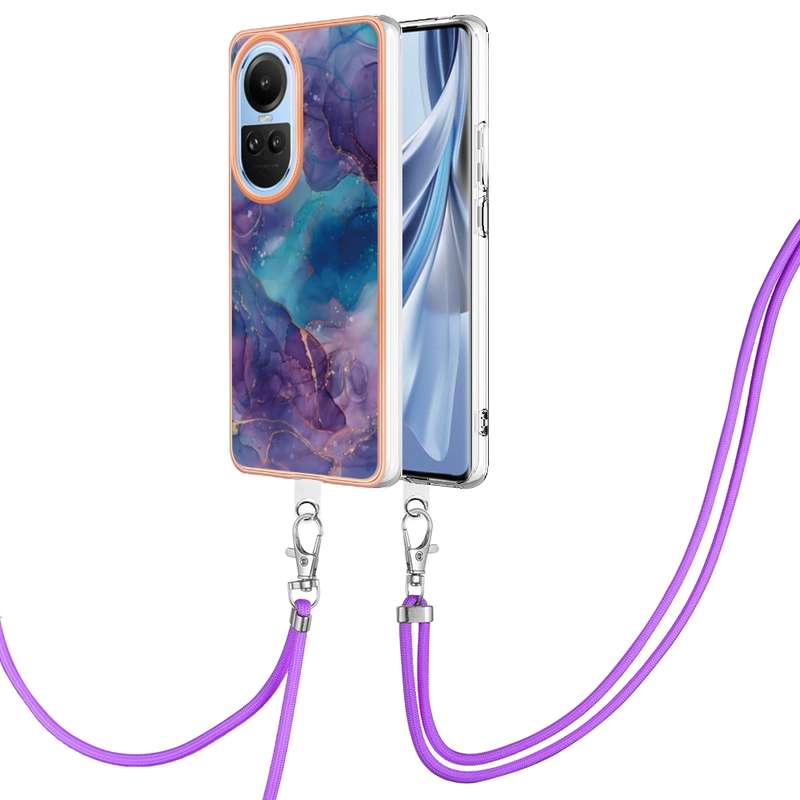 For OPPO Reno10 5G Global Electroplating Marble Dual-side IMD Phone Case with Lanyard(Pink 013)