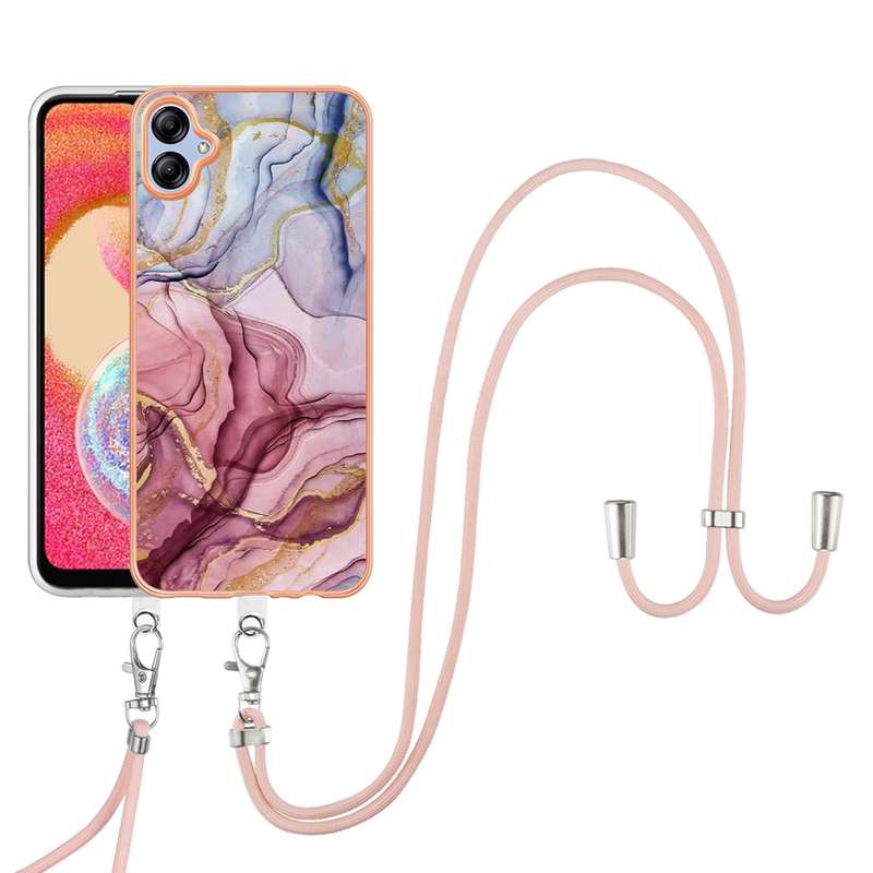 For Samsung Galaxy A04E Electroplating Marble Dual-side IMD Phone Case with Lanyard(Blue 018)