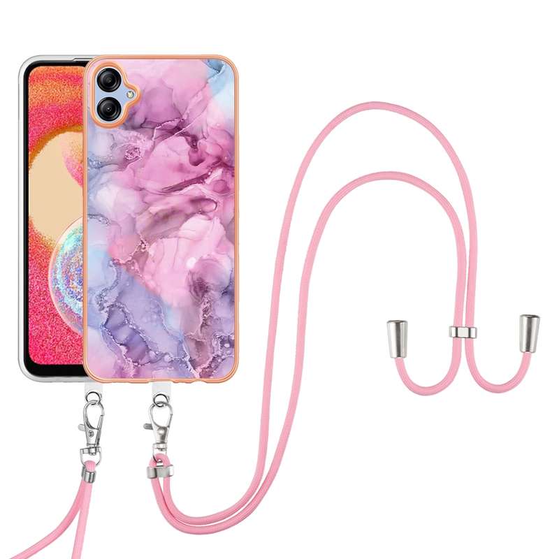 For Samsung Galaxy A04E Electroplating Marble Dual-side IMD Phone Case with Lanyard(Blue 018)