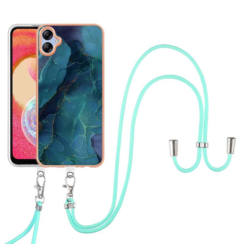 For Samsung Galaxy A04E Electroplating Marble Dual-side IMD Phone Case with Lanyard(Blue 018)