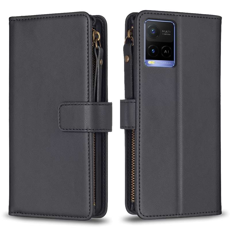 For vivo Y21 / Y21s / Y33s 9 Card Slots Zipper Wallet Leather Flip Phone Case(Black)