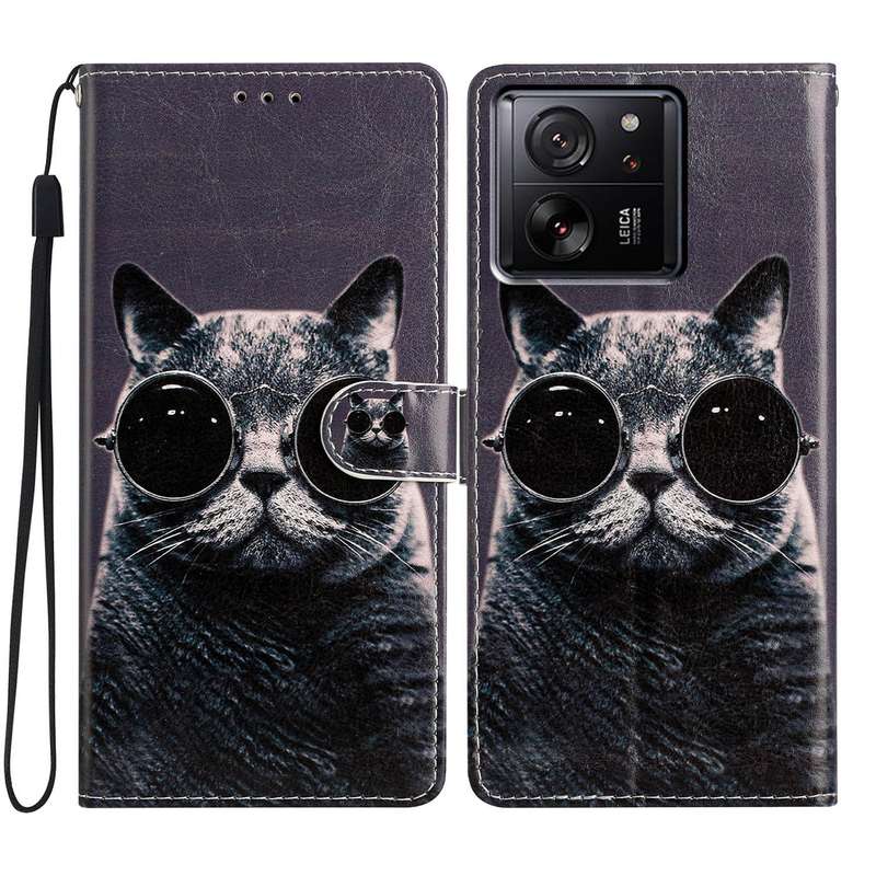 For Xiaomi 13T 5G Colored Drawing Leather Phone Case(Sunglasses Cat)