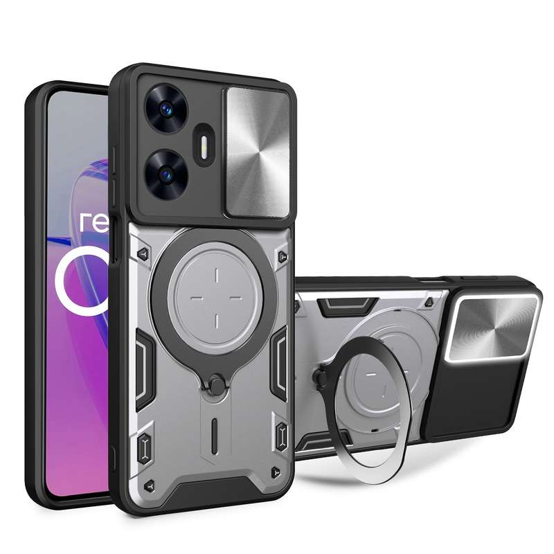For Realme C55 4G CD Texture Sliding Camshield Magnetic Holder Phone Case(Black)