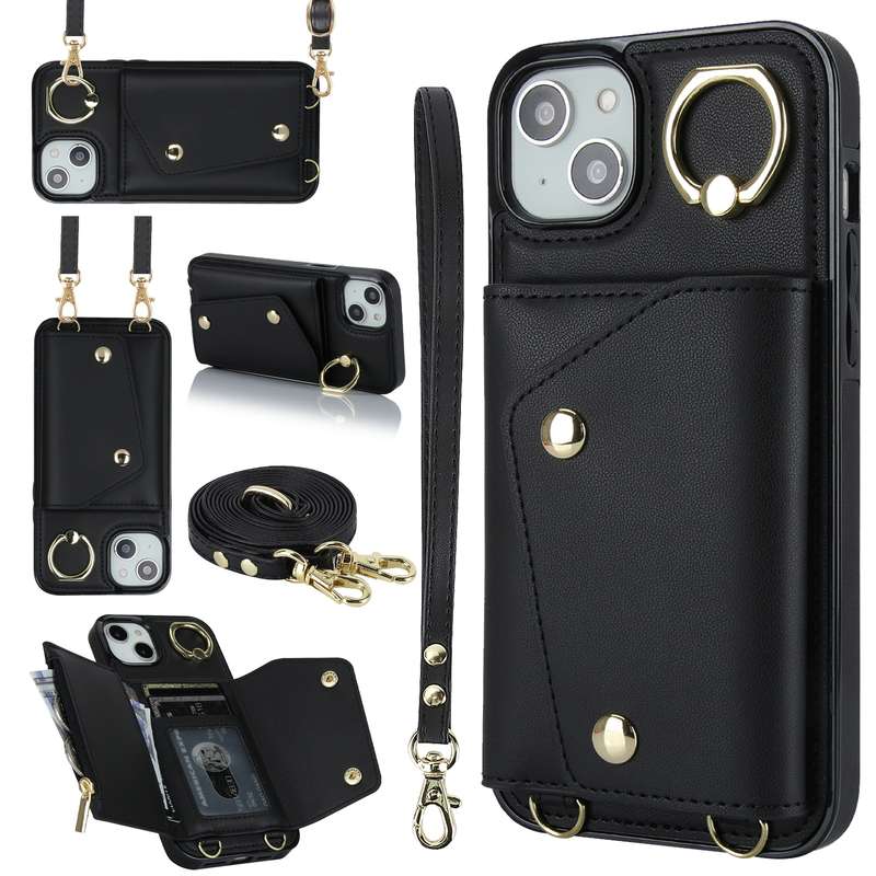 For iPhone 14 Zipper Card Bag Phone Case with Dual Lanyard(Brown)