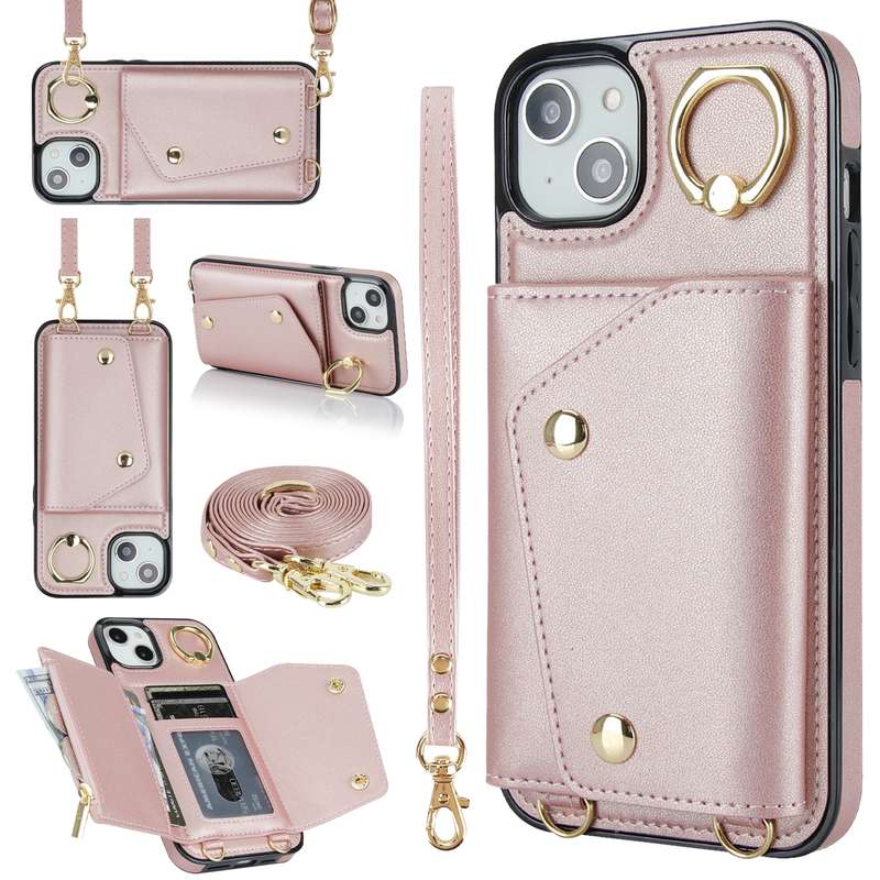 For iPhone 14 Zipper Card Bag Phone Case with Dual Lanyard(Brown)
