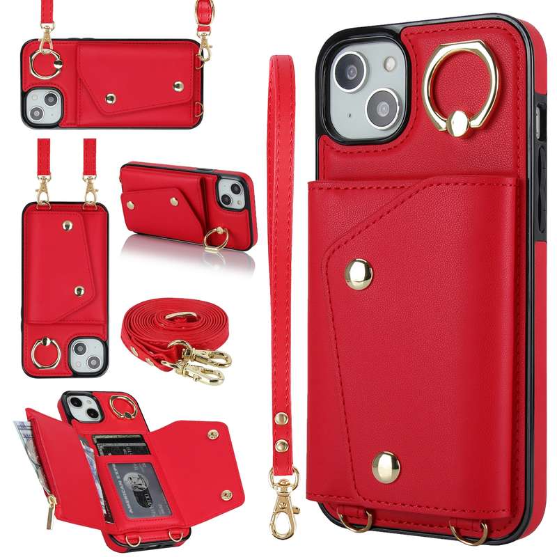 For iPhone 14 Zipper Card Bag Phone Case with Dual Lanyard(Brown)