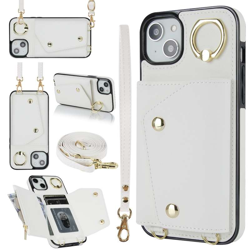 For iPhone 14 Zipper Card Bag Phone Case with Dual Lanyard(Brown)
