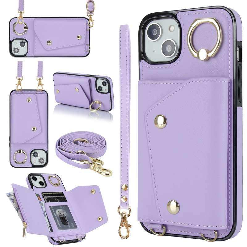 For iPhone 14 Zipper Card Bag Phone Case with Dual Lanyard(Brown)