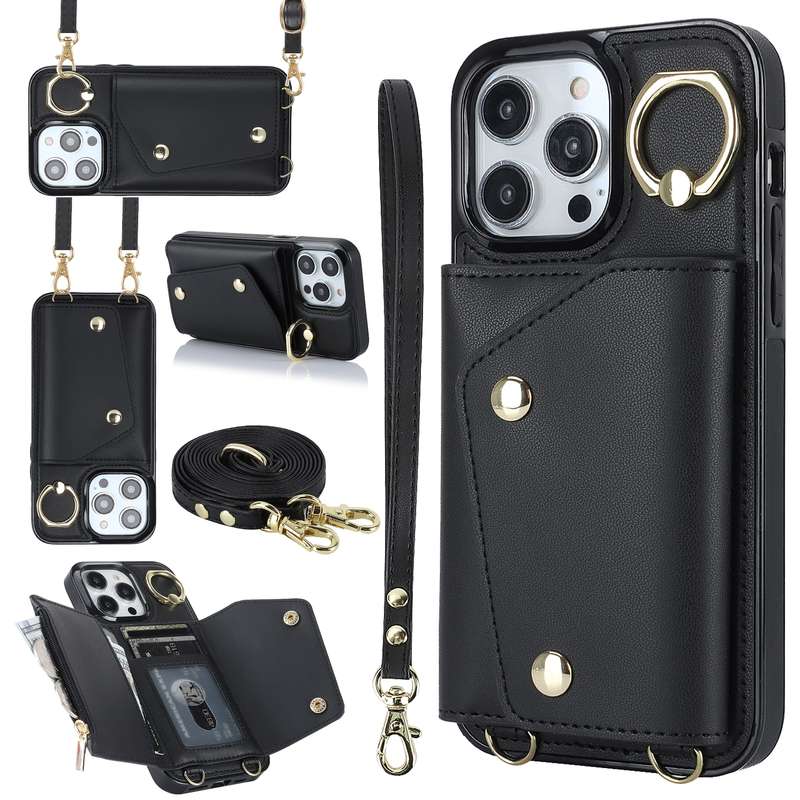 For iPhone 13 Pro Max Zipper Card Bag Phone Case with Dual Lanyard(Brown)