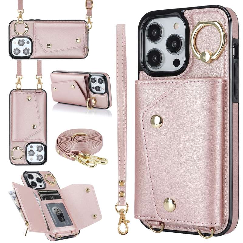 For iPhone 13 Pro Max Zipper Card Bag Phone Case with Dual Lanyard(Brown)