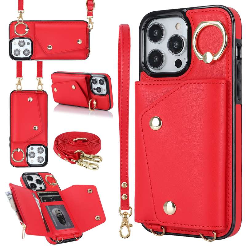 For iPhone 13 Pro Max Zipper Card Bag Phone Case with Dual Lanyard(Brown)