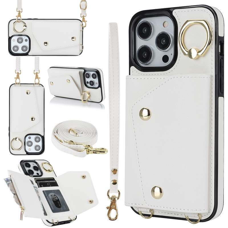 For iPhone 13 Pro Max Zipper Card Bag Phone Case with Dual Lanyard(Brown)