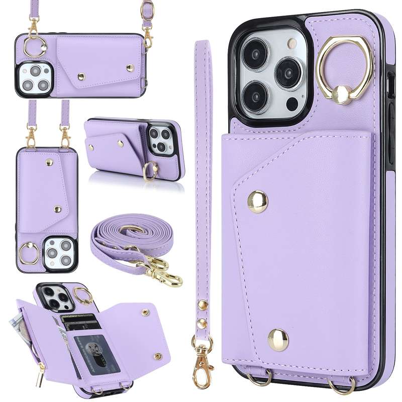 For iPhone 13 Pro Max Zipper Card Bag Phone Case with Dual Lanyard(Brown)