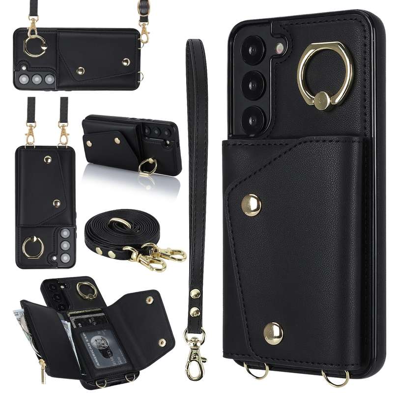 For Samsung Galaxy S22+ 5G Zipper Card Bag Phone Case with Dual Lanyard(Black)