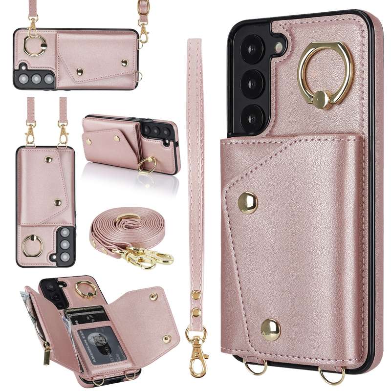 For Samsung Galaxy S22+ 5G Zipper Card Bag Phone Case with Dual Lanyard(Black)