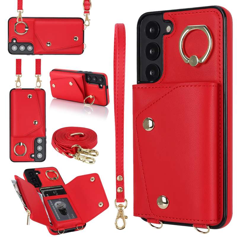 For Samsung Galaxy S22+ 5G Zipper Card Bag Phone Case with Dual Lanyard(Black)