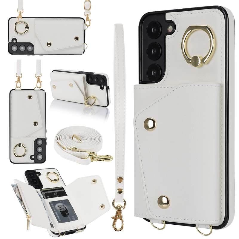 For Samsung Galaxy S22+ 5G Zipper Card Bag Phone Case with Dual Lanyard(Black)