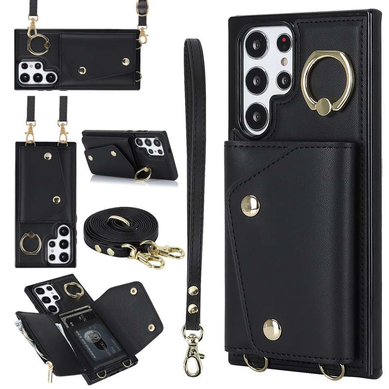 For Samsung Galaxy S22 Ultra 5G Zipper Card Bag Phone Case with Dual Lanyard(Purple)