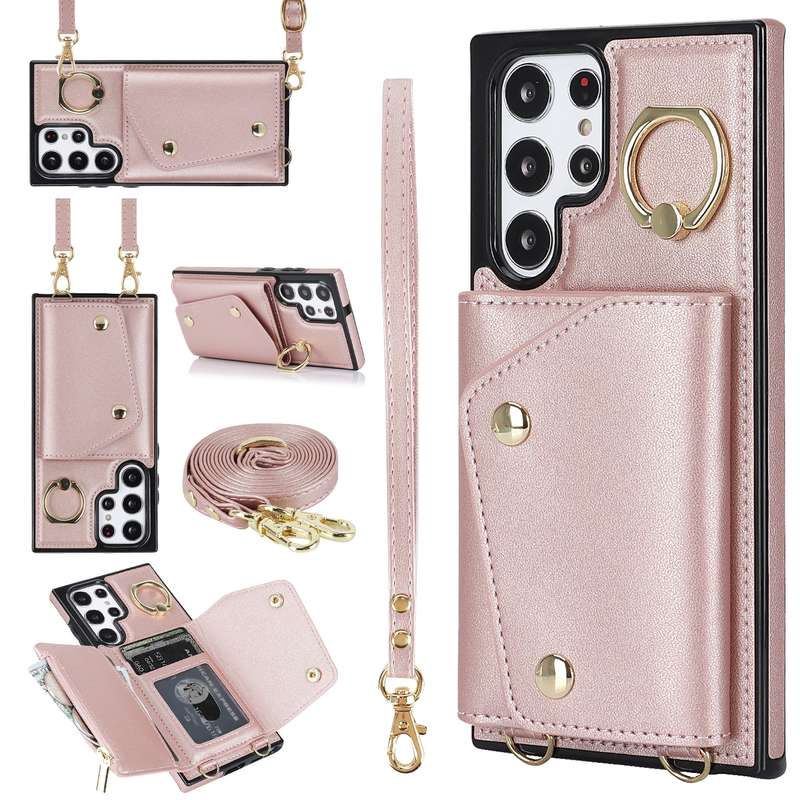 For Samsung Galaxy S22 Ultra 5G Zipper Card Bag Phone Case with Dual Lanyard(Purple)