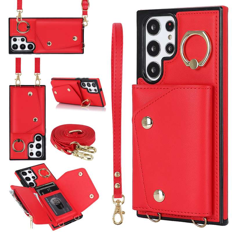 For Samsung Galaxy S22 Ultra 5G Zipper Card Bag Phone Case with Dual Lanyard(Purple)