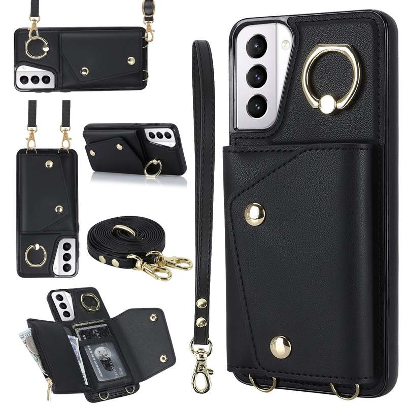 For Samsung Galaxy S21 5G Zipper Card Bag Phone Case with Dual Lanyard(Rose Gold)
