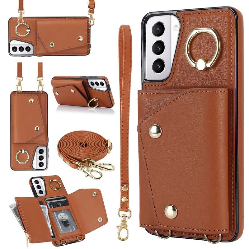 For Samsung Galaxy S21 5G Zipper Card Bag Phone Case with Dual Lanyard(Rose Gold)