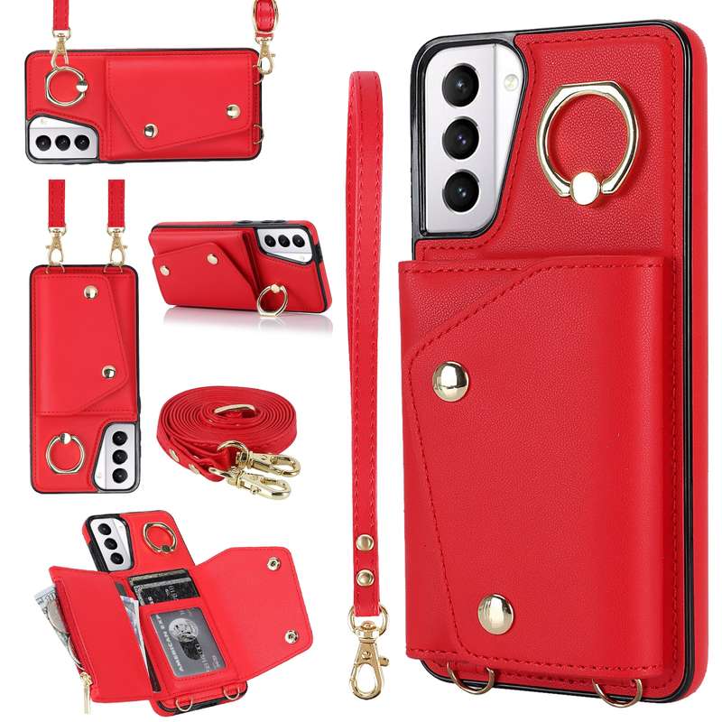 For Samsung Galaxy S21 5G Zipper Card Bag Phone Case with Dual Lanyard(Rose Gold)