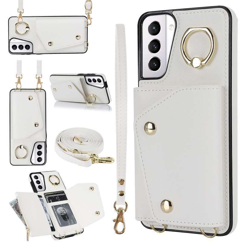 For Samsung Galaxy S21 5G Zipper Card Bag Phone Case with Dual Lanyard(Rose Gold)