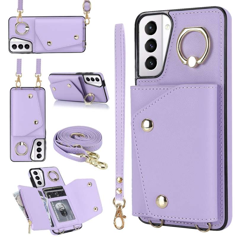 For Samsung Galaxy S21 5G Zipper Card Bag Phone Case with Dual Lanyard(Rose Gold)